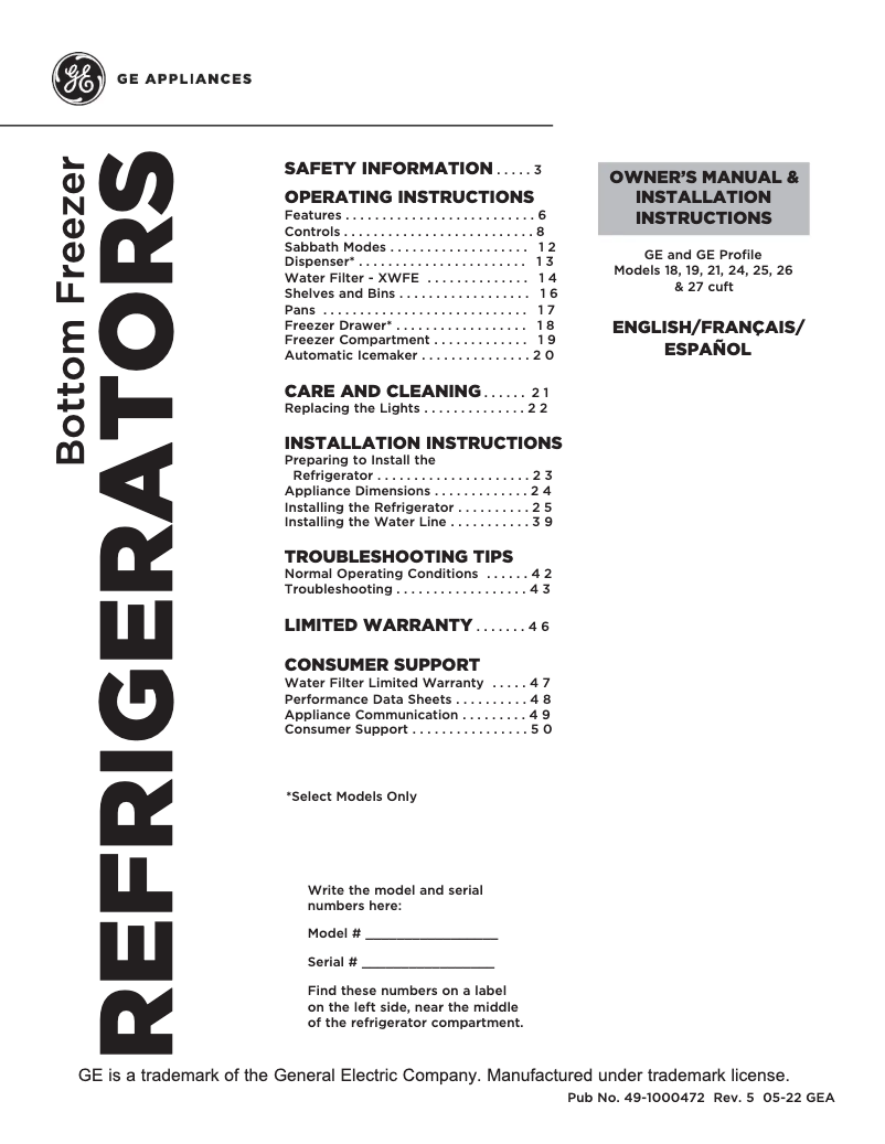 Página 1 del manual Guía de instalación GE GDE25EYKFS