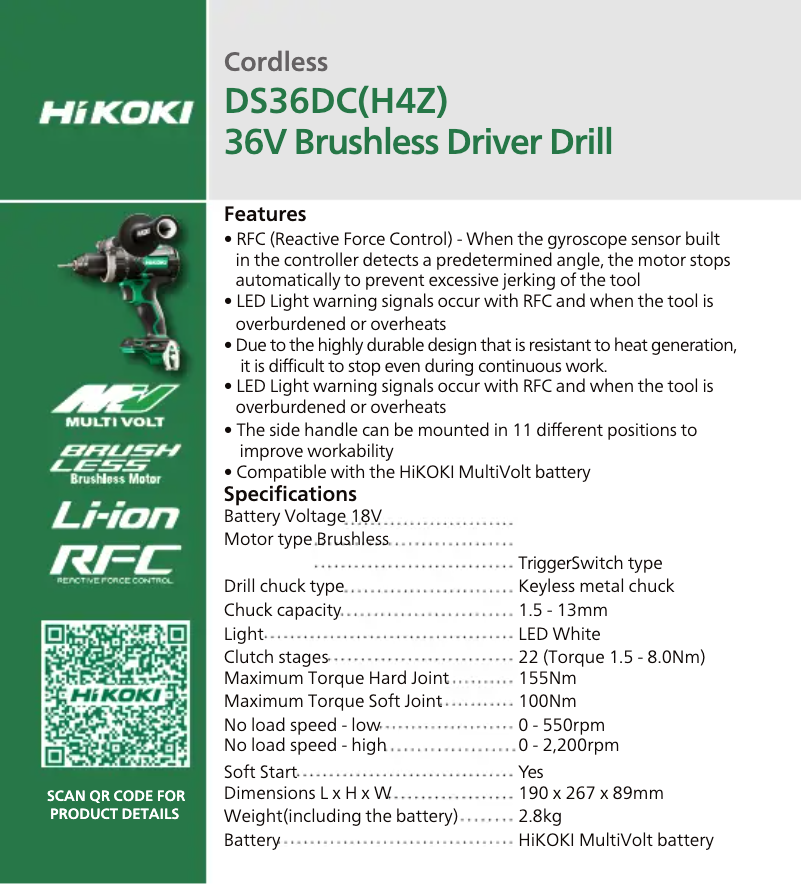 Página 1 del manual Ficha técnica HiKOKI DS36DC
