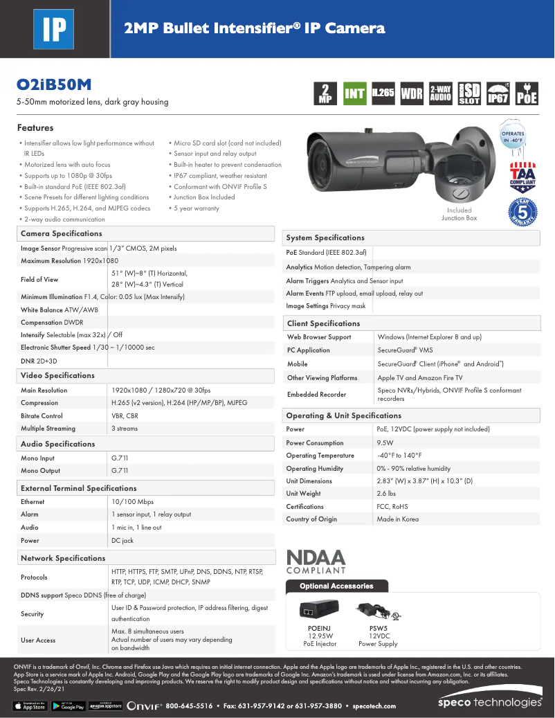 Página nº 1 - Ficha técnica Speco Technologies Intensifier O2IB50M