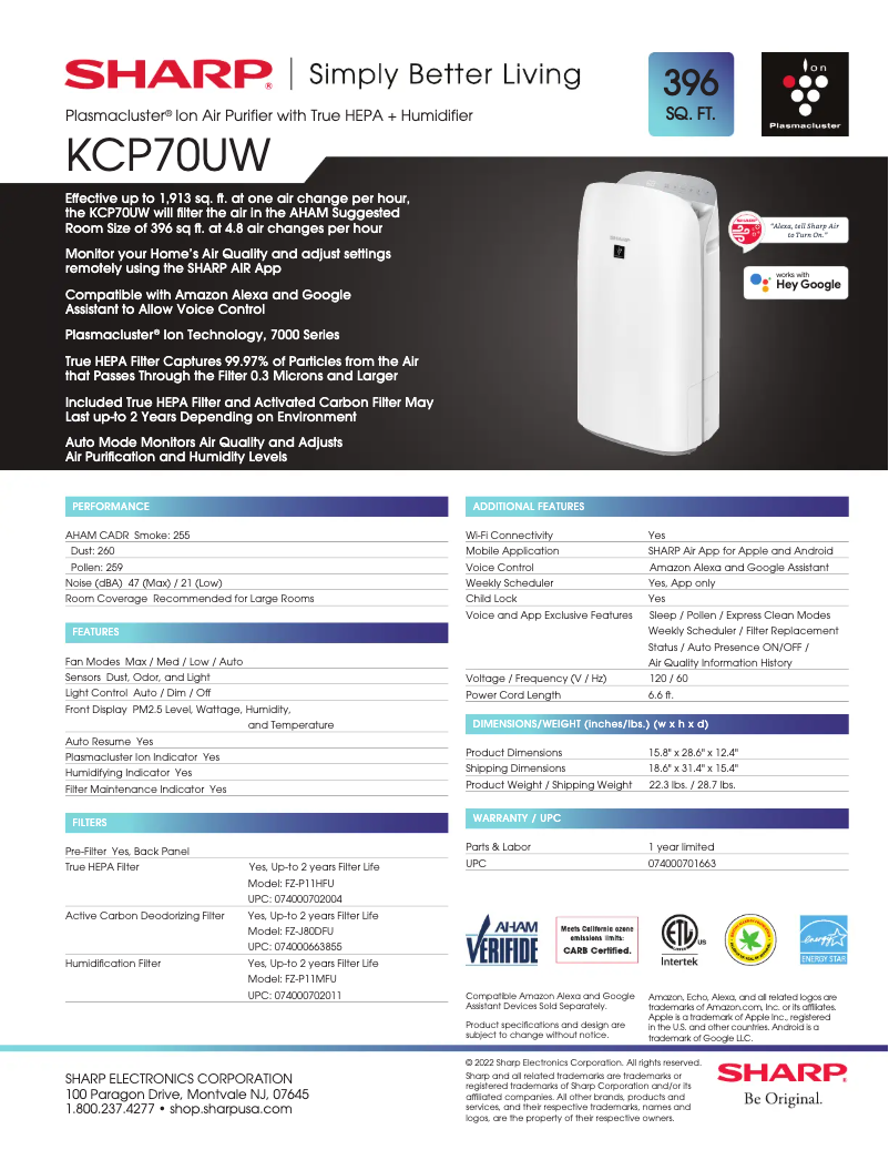 Página 1 del manual Ficha técnica Sharp KCP70UW