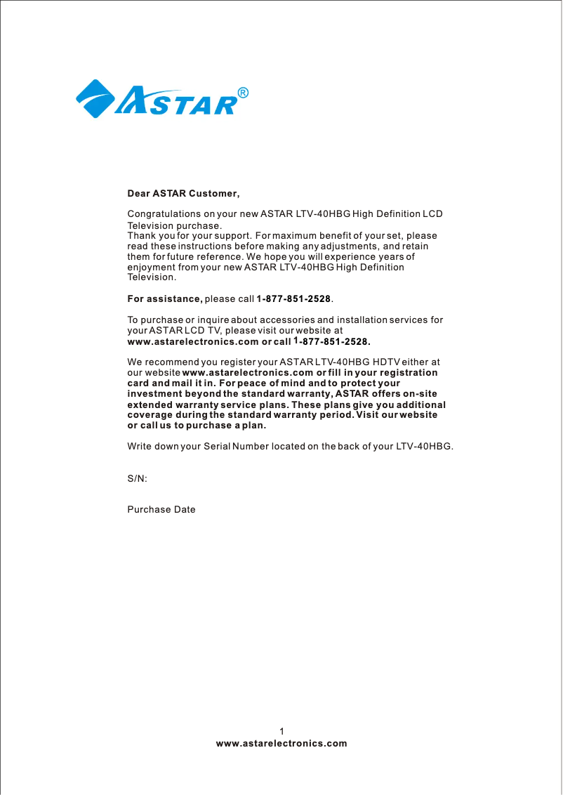 Página nº 1 - Manual de usuario Astar LTV-40HBG