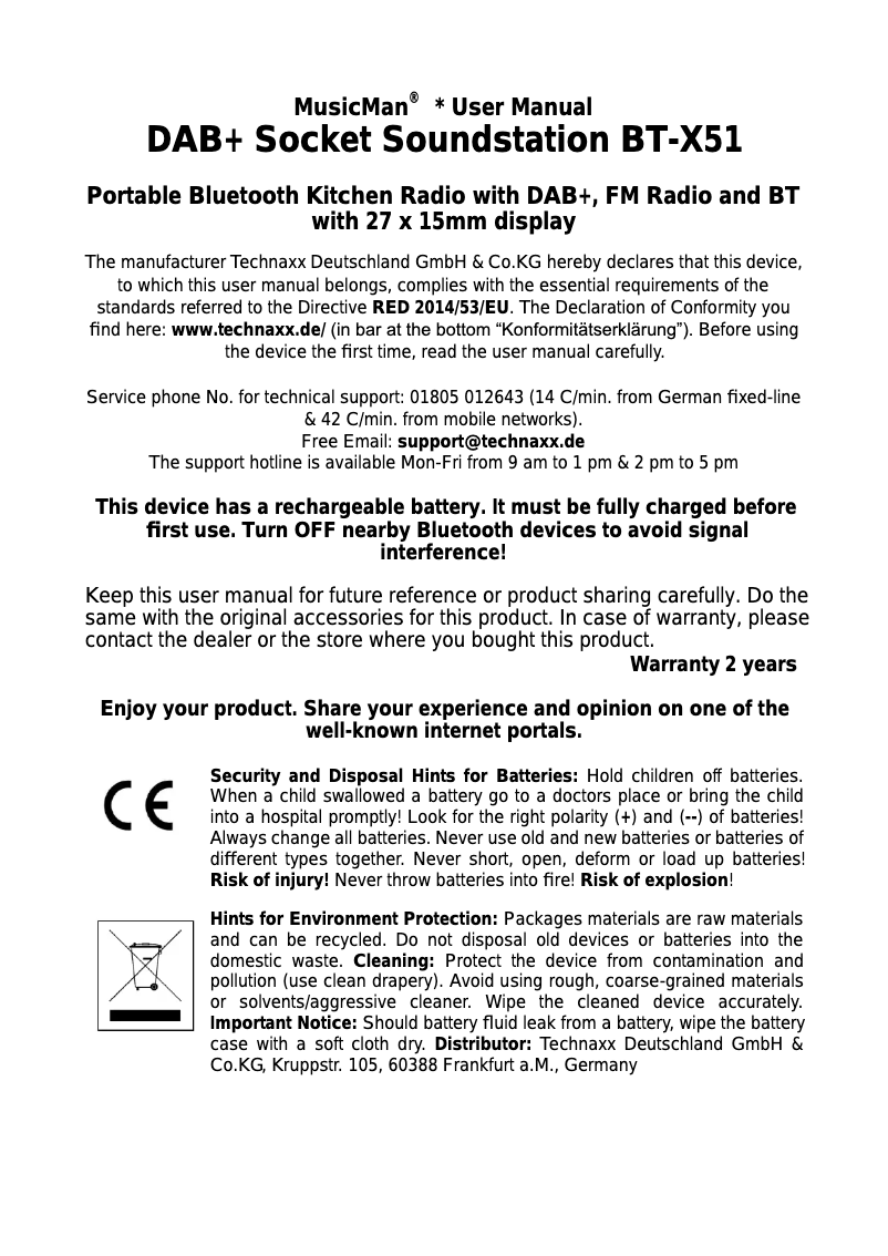 Imagen de la primera página del manual del dispositivo BT-X51