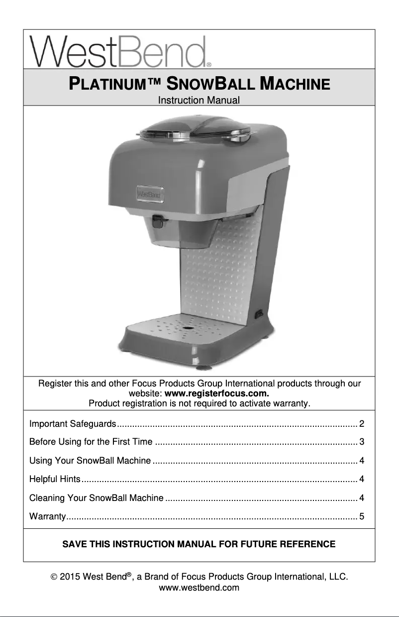 Imagen de la primera página del manual del dispositivo Platinum Snow Ball Machine 65042