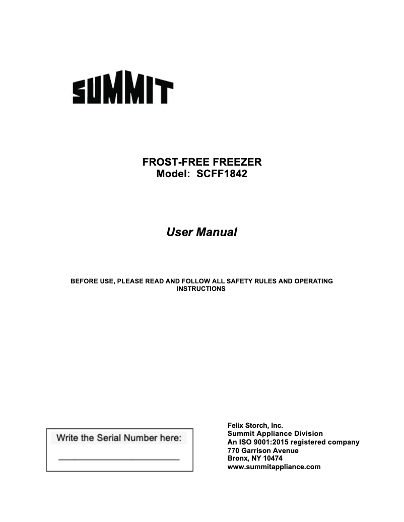 Página 1 del manual Manual de uso y mantenimiento Summit SCFF1842SSADA