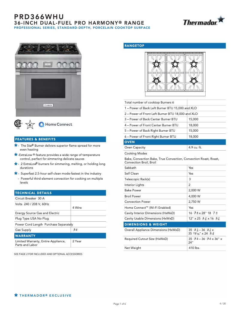 Página 1 del manual Ficha técnica Thermador Pro Harmony PRD364WDHU