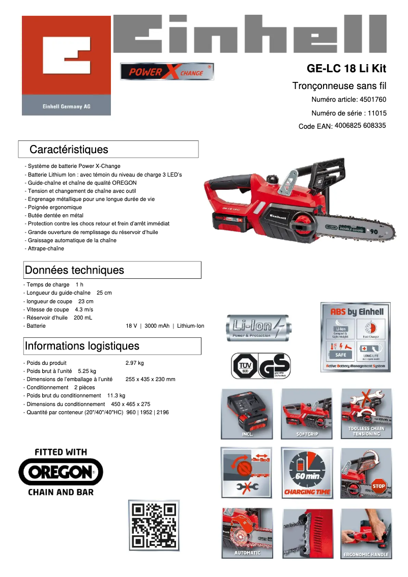 Página 1 del manual Ficha técnica Einhell GE-LC 18 Li