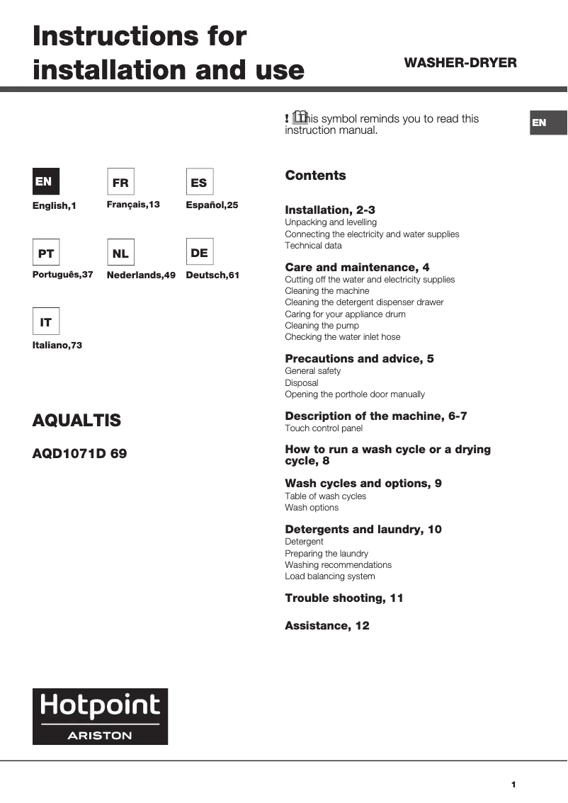 Imagen de la primera página del manual del dispositivo AQD1071D 69 EU/A