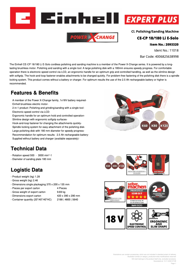 Página nº 1 - Ficha técnica Einhell CE-CP 18/180 Li E-Solo