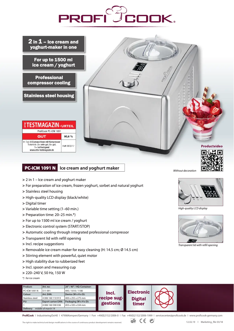 Página 1 del manual Ficha técnica ProfiCook PC-ICM 1091 N