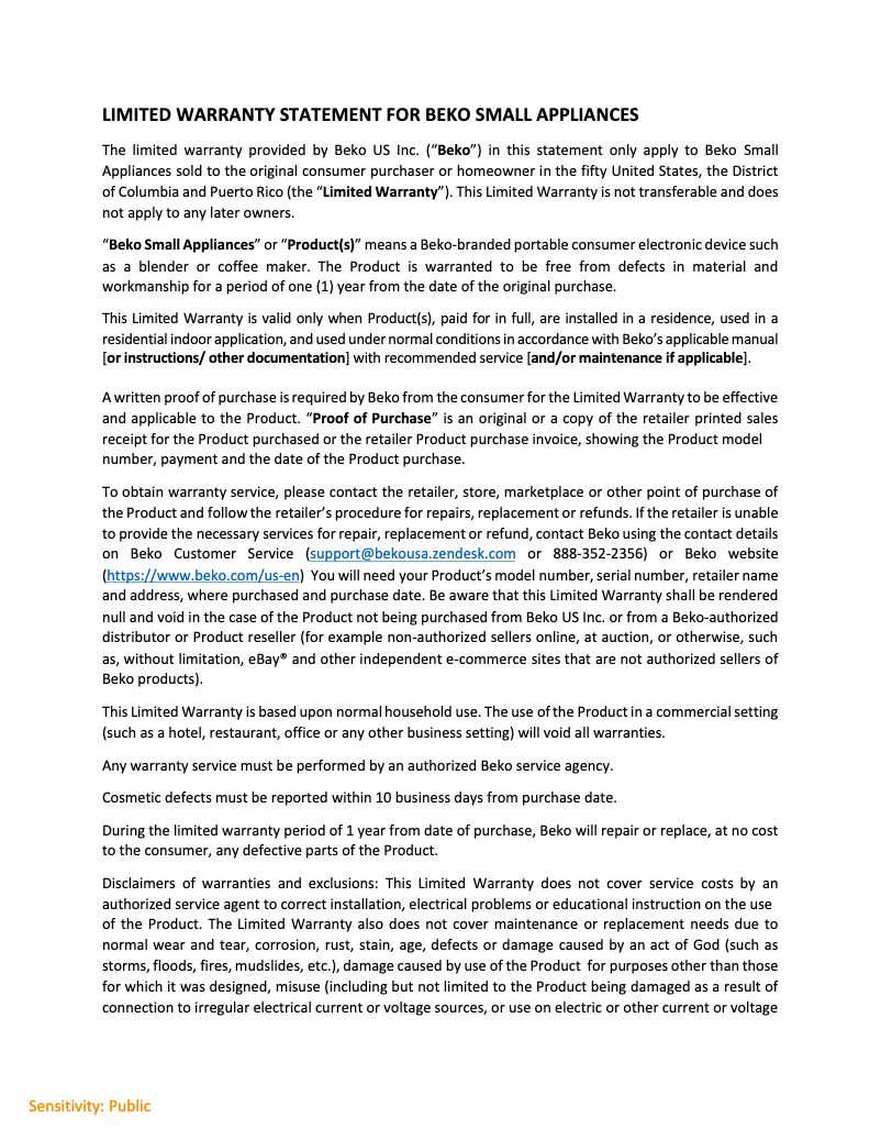 Página 1 del manual Información de garantía Beko BKK 2300