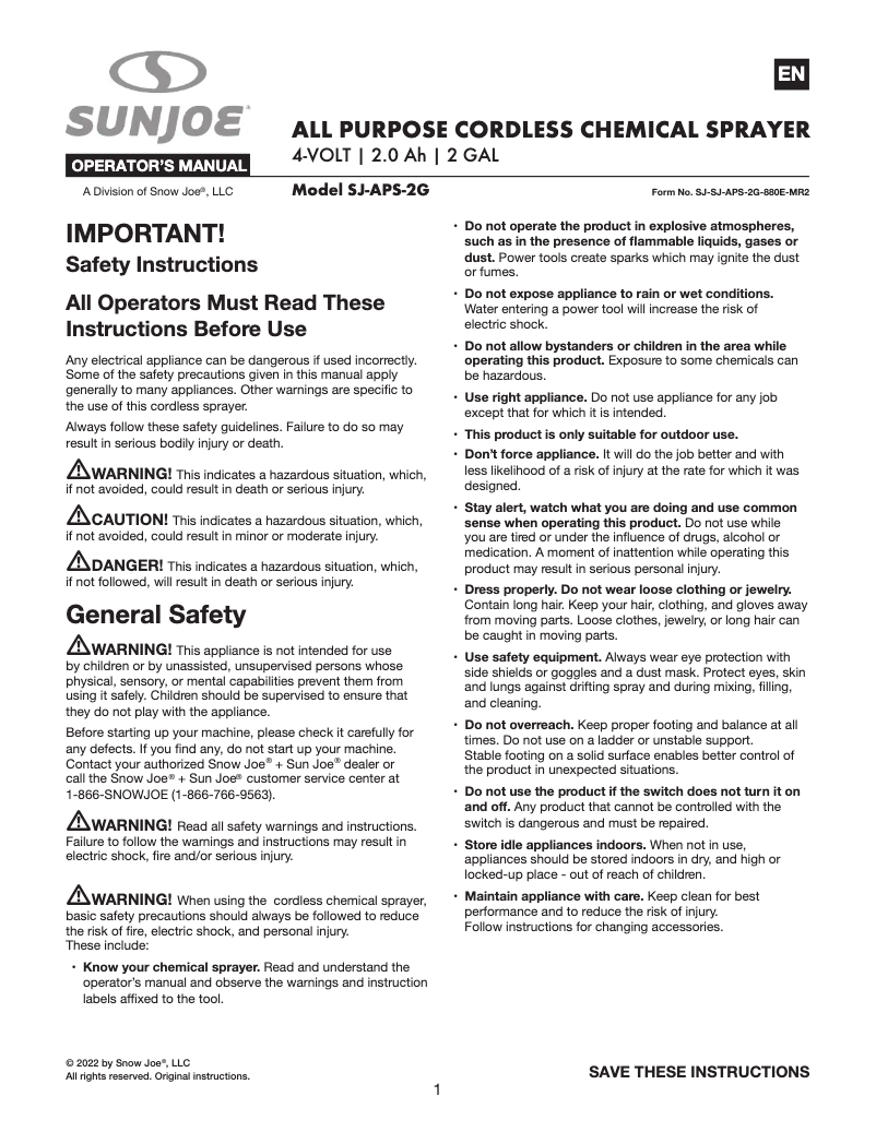 Página 1 del manual Manual de usuario Sun Joe SJ-APS-2G