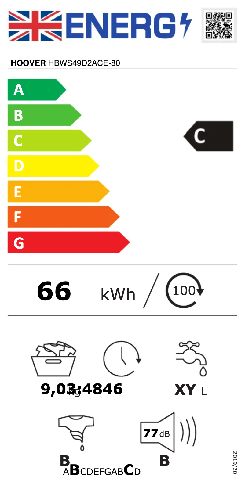 Página 1 del manual Etiqueta energética Hoover H-WASH 300 LITE HBWS49D2ACE-80