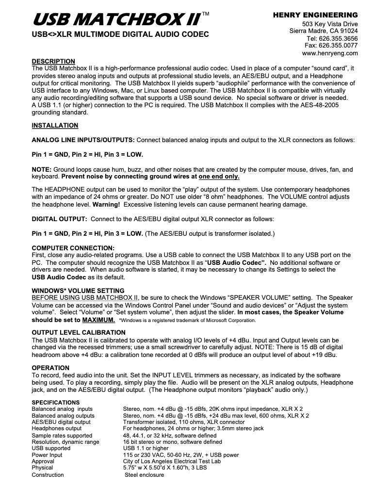 Página 1 del manual Manual de usuario Henry Engineering USB Matchbox II
