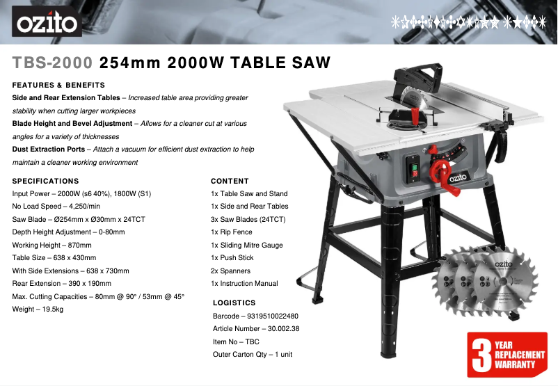 Página nº 1 - Ficha técnica Ozito TBS-2000