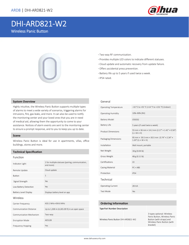 Página 1 del manual Ficha técnica Dahua Technology ARD821-W2