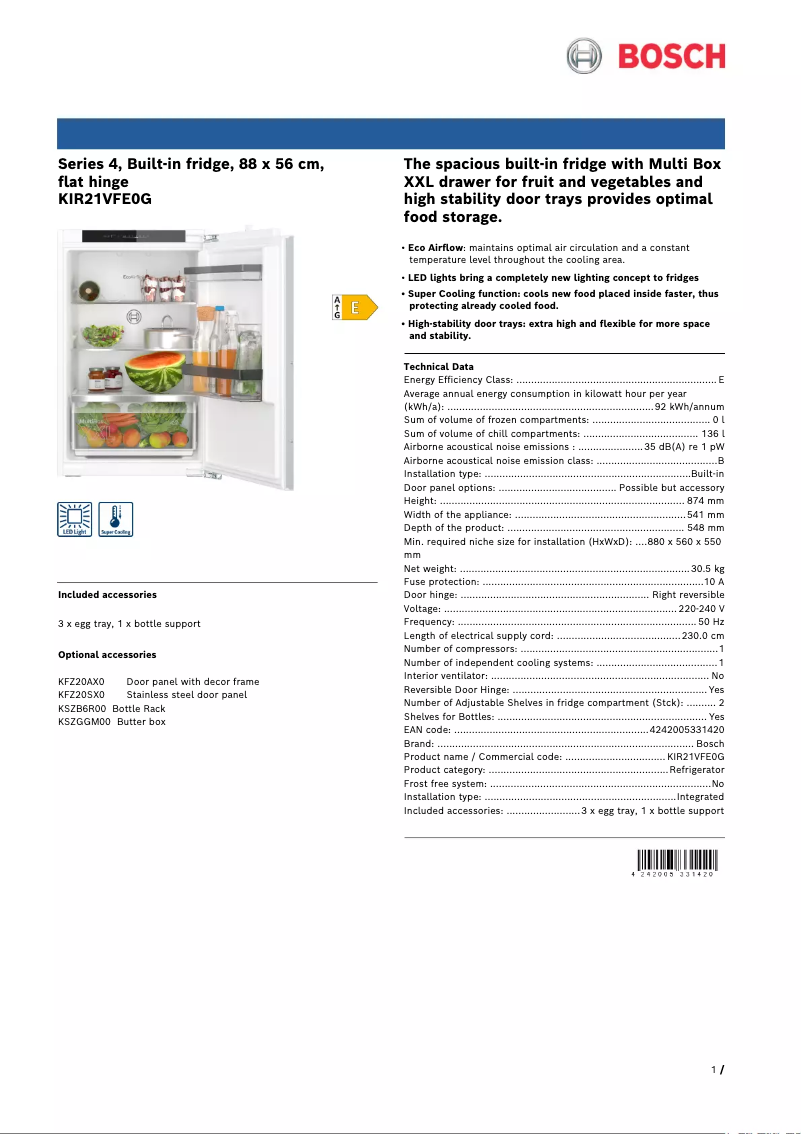 Página nº 1 - Ficha técnica Bosch Serie 4 KIR21VFE0G