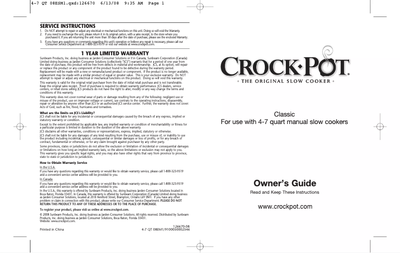 Página 1 del manual Manual de usuario Crock-Pot Classic 3060-W
