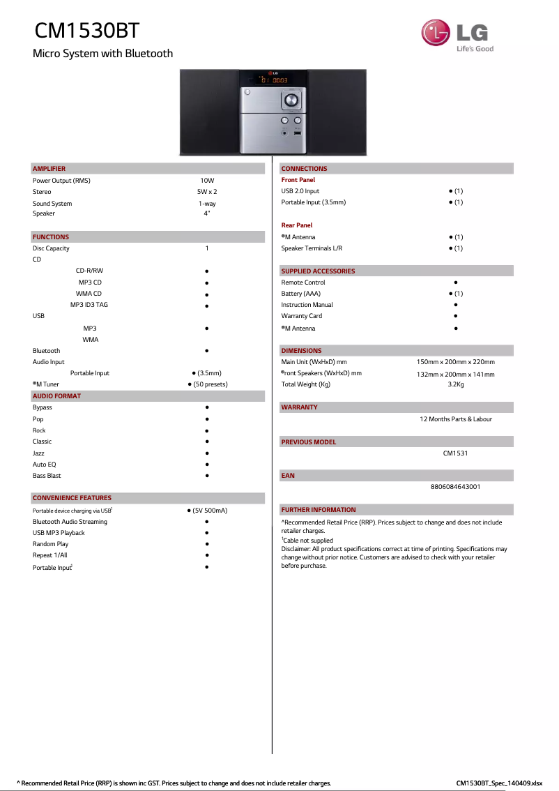 Imagen de la primera página del manual del dispositivo CM1530BT