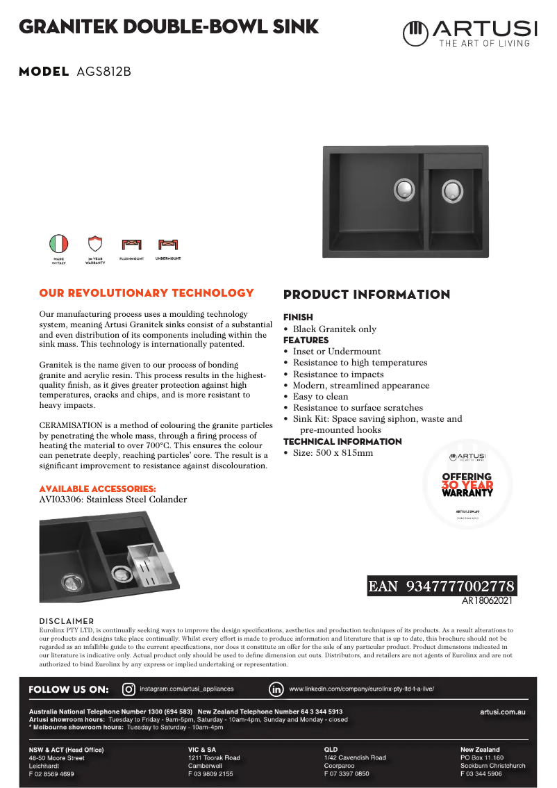 Página 1 del manual Ficha técnica Artusi AGS812B