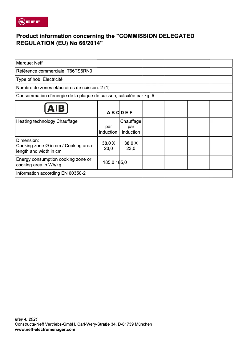 Página 1 del manual Etiqueta energética Neff T66TS6RN0