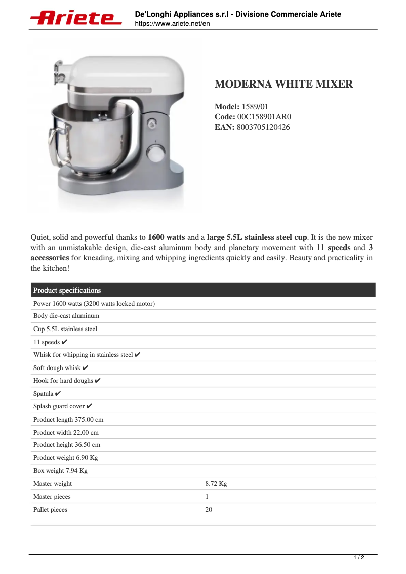 Página 1 del manual Ficha técnica Ariete Impastatrice Moderna 1589