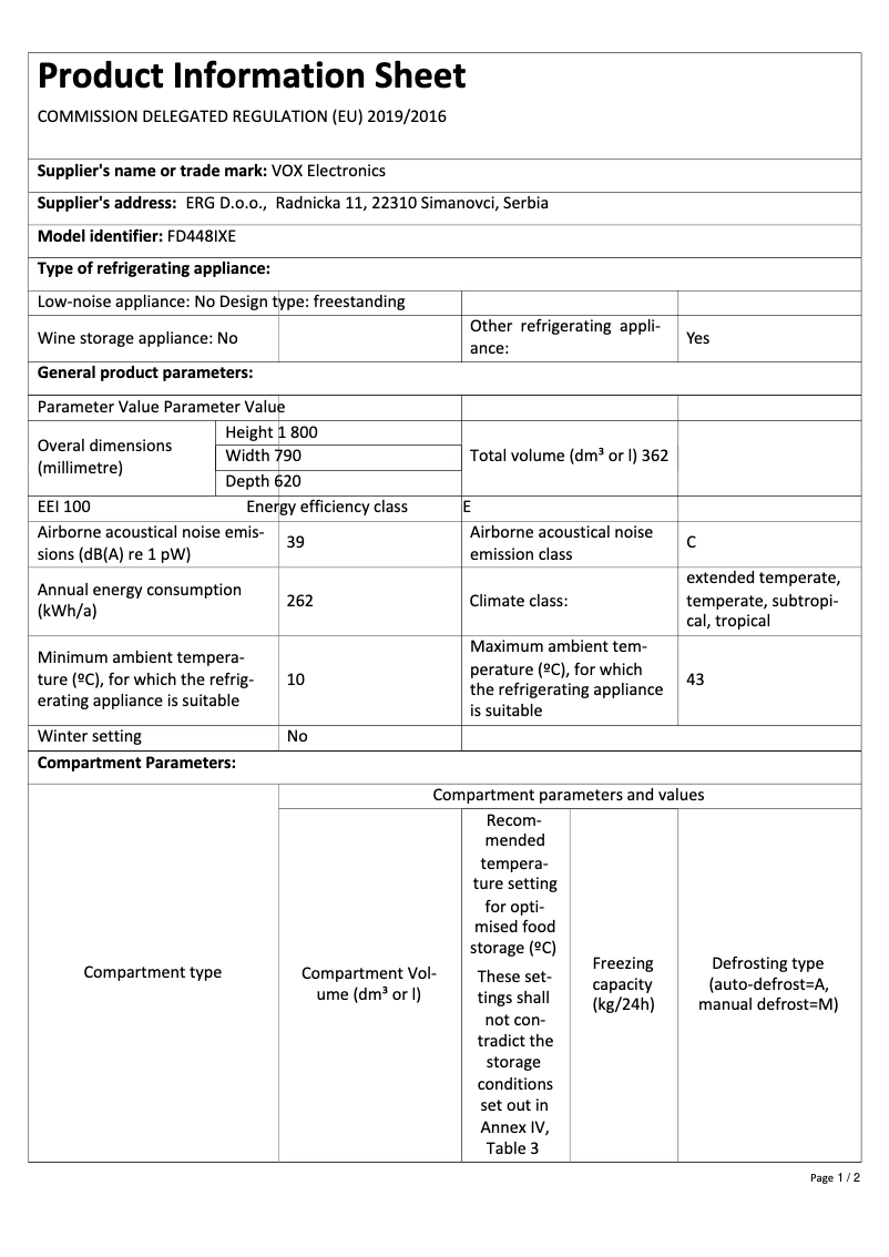 Página 1 del manual Ficha técnica VOX FD 448 IXE