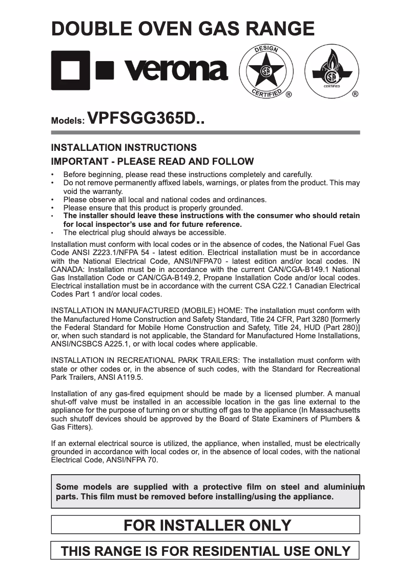 Página 1 del manual Guía de instalación Verona VPFSGG365DW