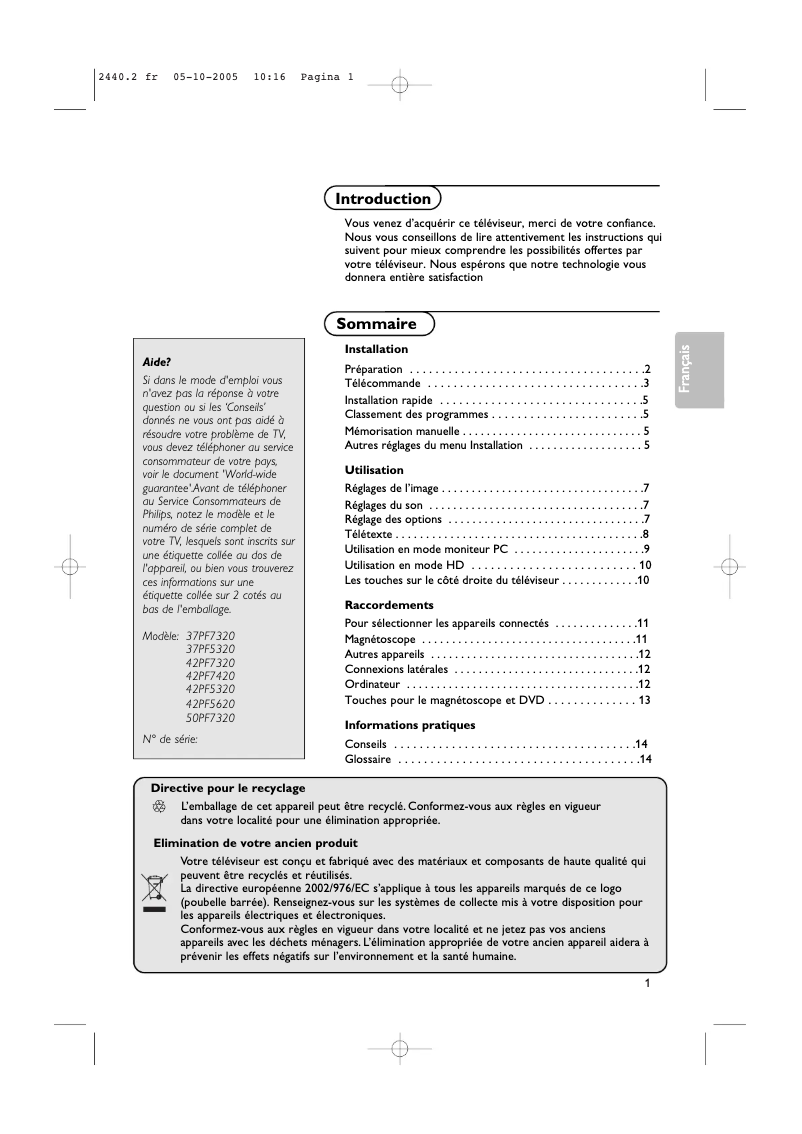 Imagen de la primera página del manual del dispositivo 42PF5620