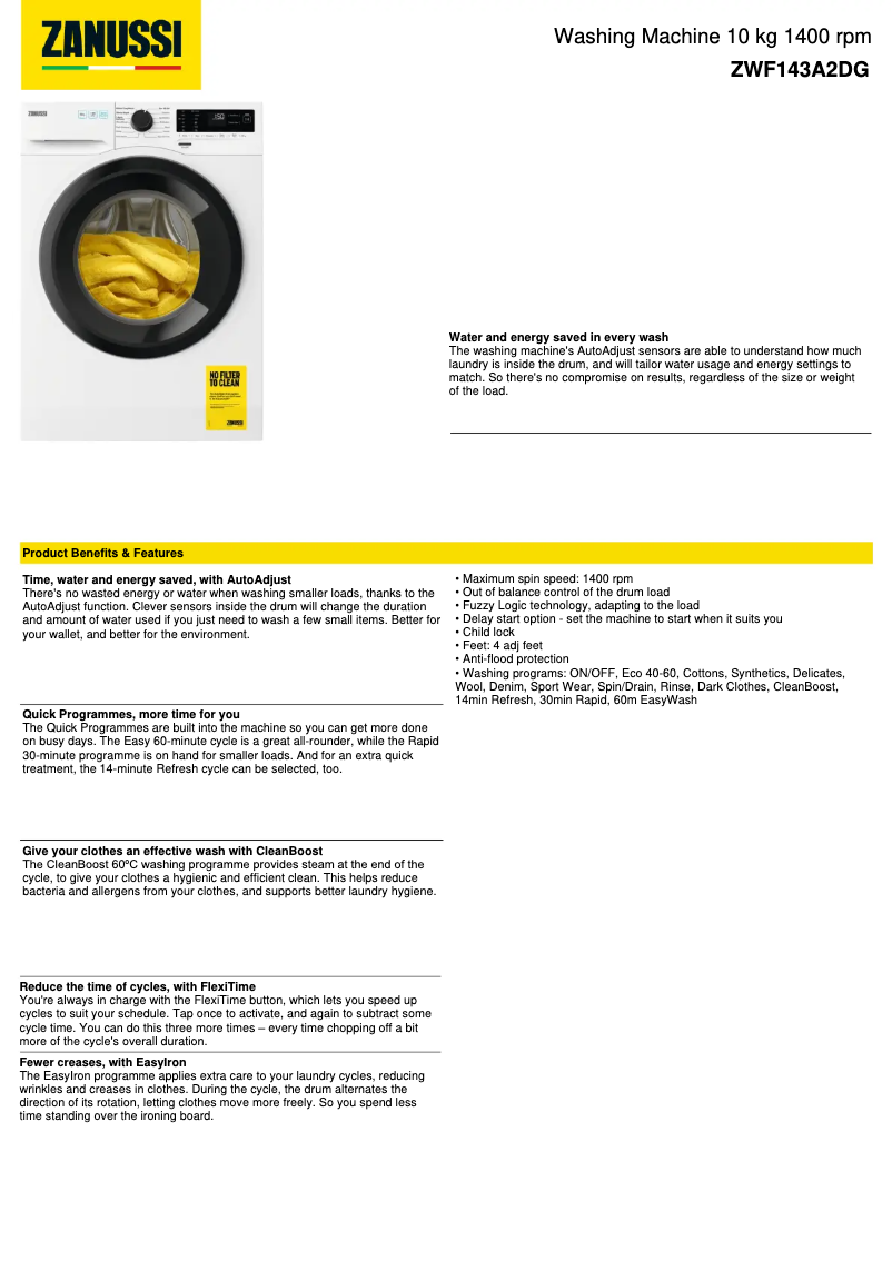 Página 1 del manual Ficha técnica Zanussi ZWF143A2DG