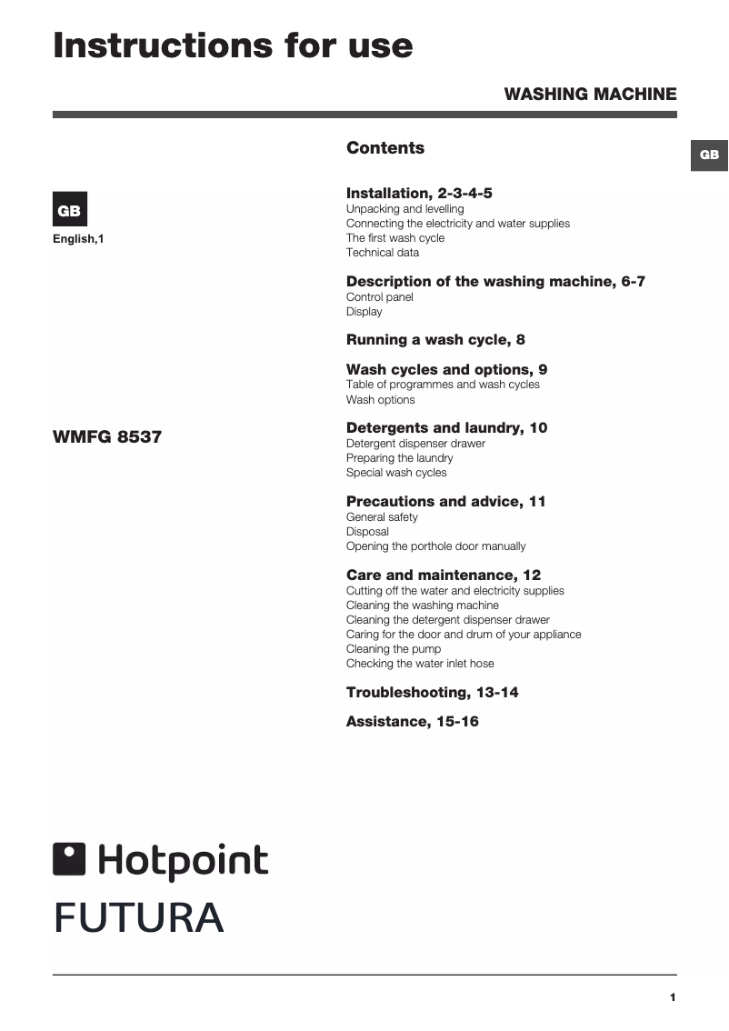 Página 1 del manual Manual de usuario Hotpoint Ariston WMFG8537