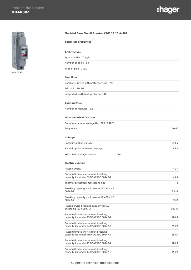 Página 1 del manual Ficha técnica Hager HDA038Z