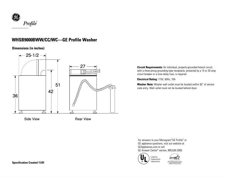 Página 1 del manual Ficha técnica GE WHSB9000BWW