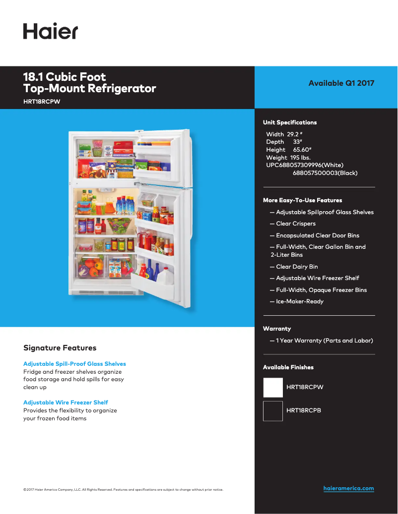 Página 1 del manual Ficha técnica Haier HRT18RCPW