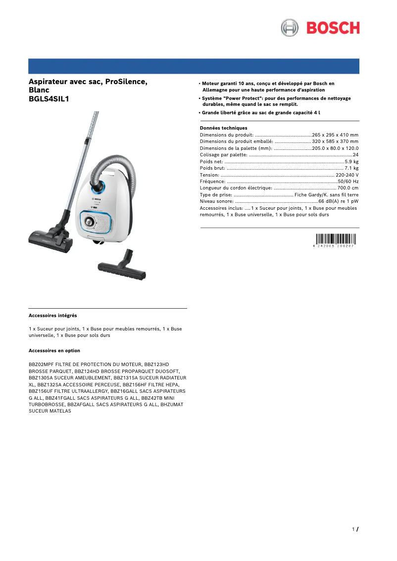 Página 1 del manual Ficha técnica Bosch ProSilence BGLS4SIL1