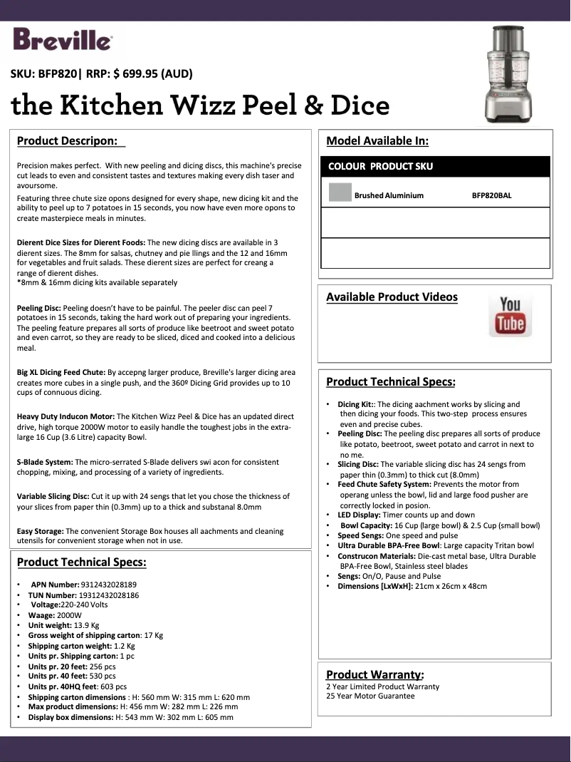 Imagen de la primera página del manual del dispositivo Kitchen Wizz Peel & Dice BFP820