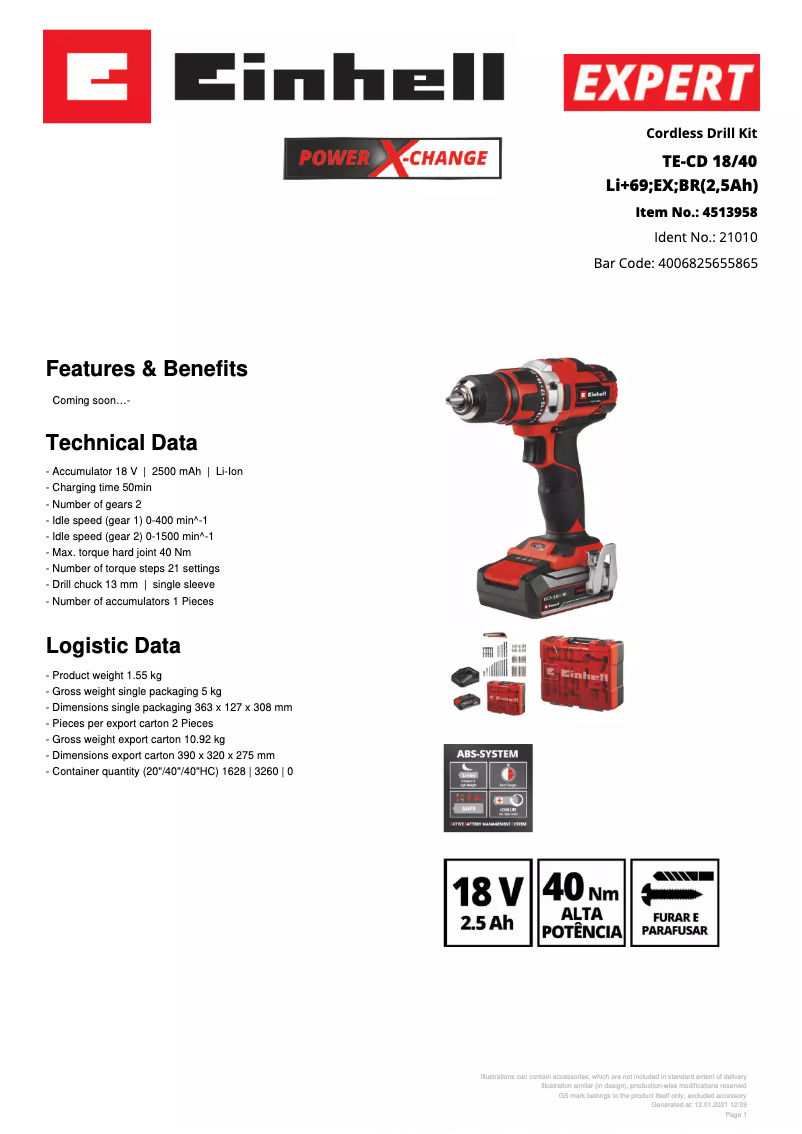 Página 1 del manual Ficha técnica Einhell TE-CD 18/40 Li + 69