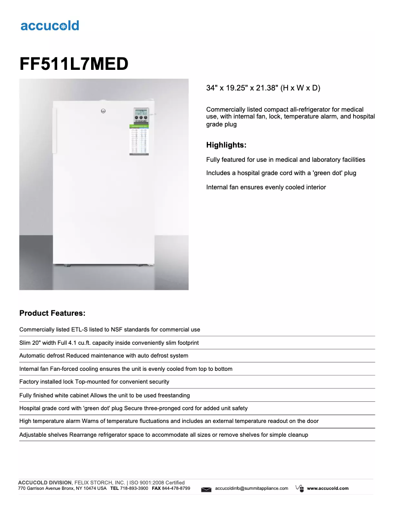 Página 1 del manual Ficha técnica Summit Accucold FF511L7MED