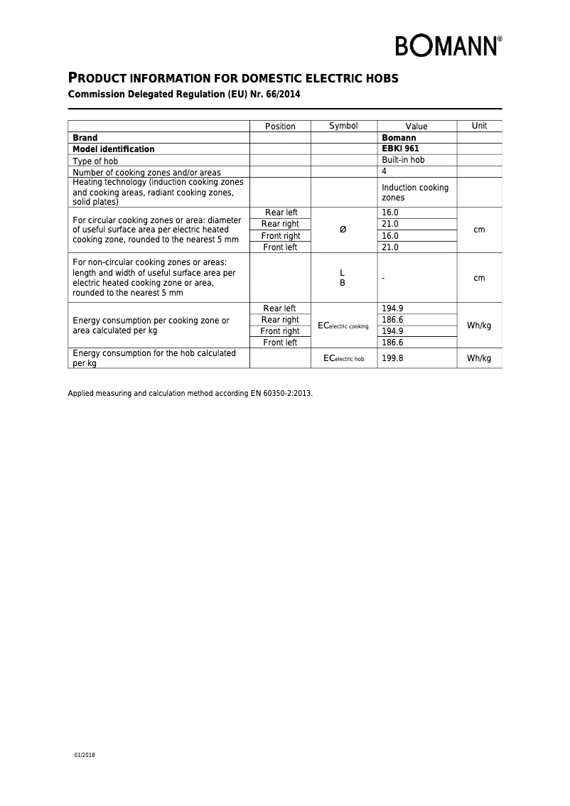 Página 1 del manual Ficha técnica Bomann EBKI 961
