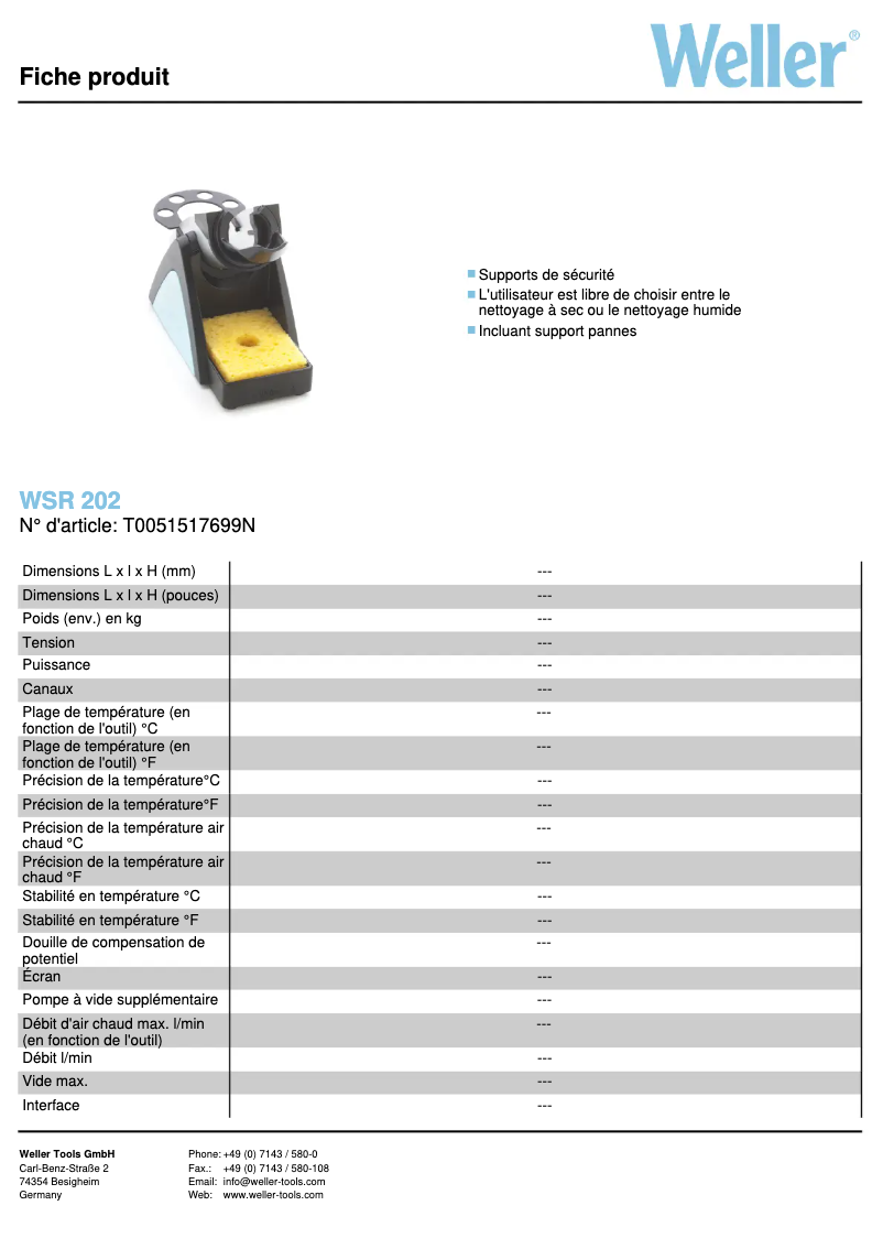 Página 1 del manual Ficha técnica Weller WSR 202