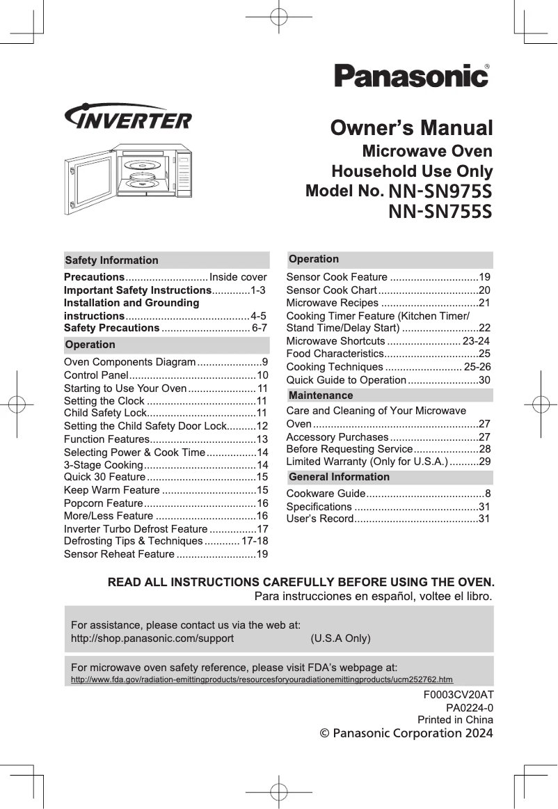 Imagen de la primera página del manual del dispositivo Inverter NN-SN755S