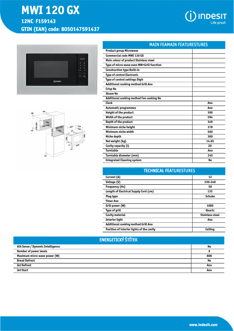 Página 1 del manual Ficha técnica Indesit MWI 120 GX