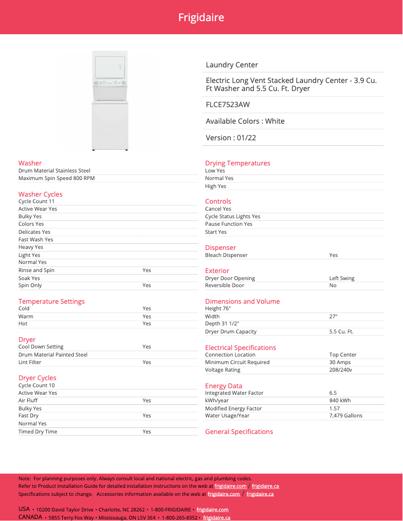 Página 1 del manual Ficha técnica Frigidaire FLCE7523AW