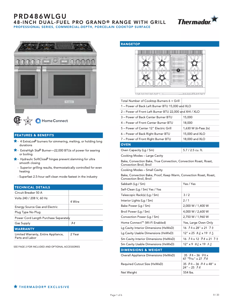 Página 1 del manual Ficha técnica Thermador PRD486WLGU