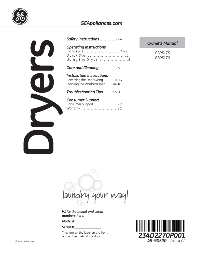 Imagen de la primera página del manual del dispositivo GFDS170GHWW