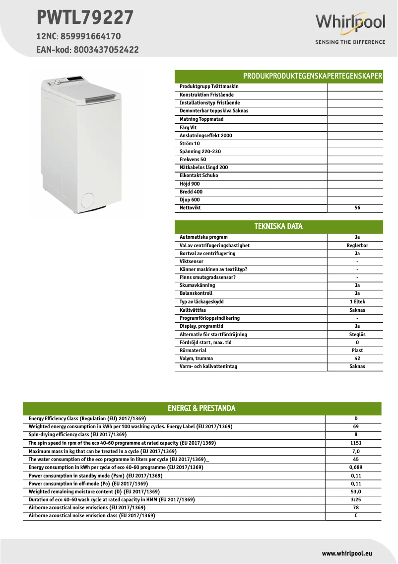 Página 1 del manual Ficha técnica Whirlpool PWTL79227