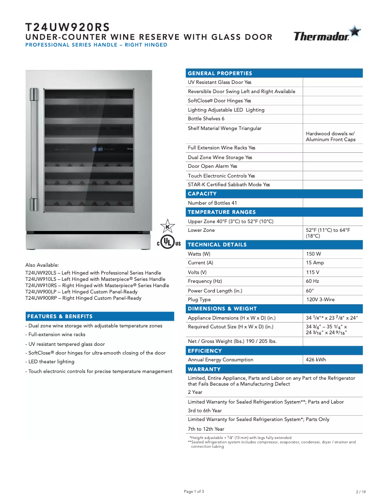 Página 1 del manual Ficha técnica Thermador T24UW920RS