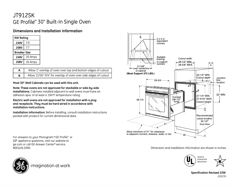 Página 1 del manual Ficha técnica GE Profile JT912SKSS