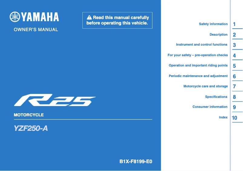 Página 1 del manual Manual de usuario Yamaha YZF-R25 (2024)
