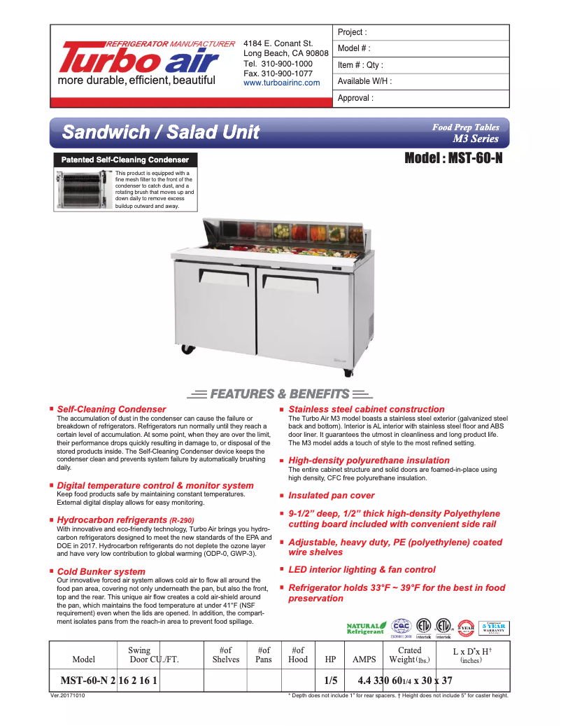 Página 1 del manual Ficha técnica Turbo air MST-60