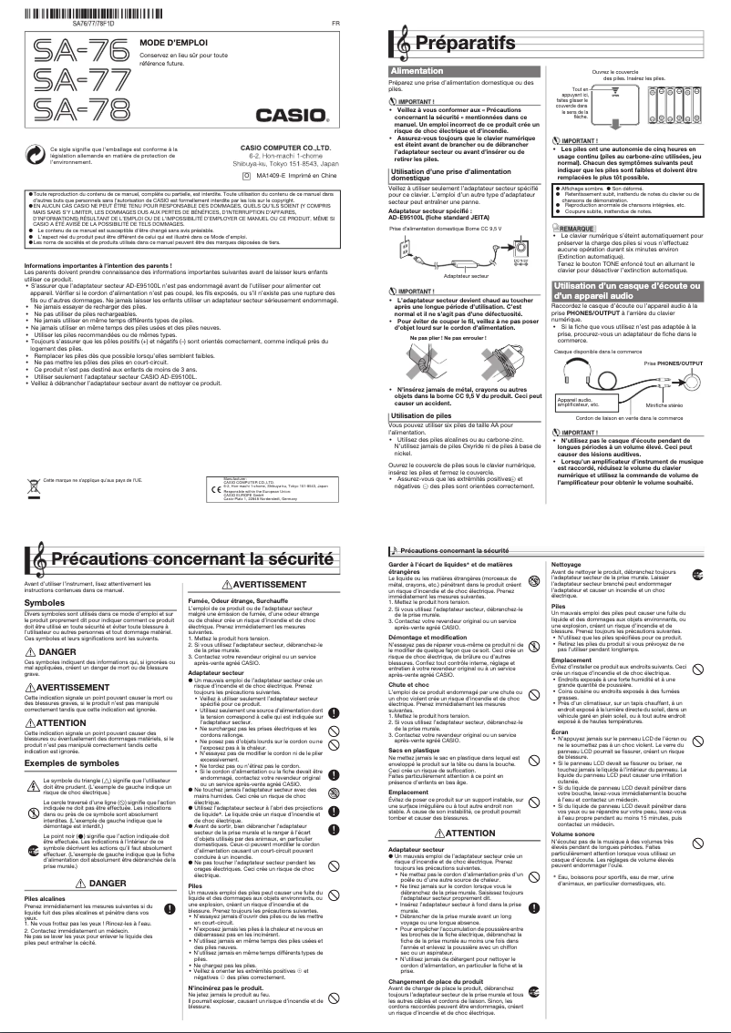Página 1 del manual Manual de usuario Casio SA-77
